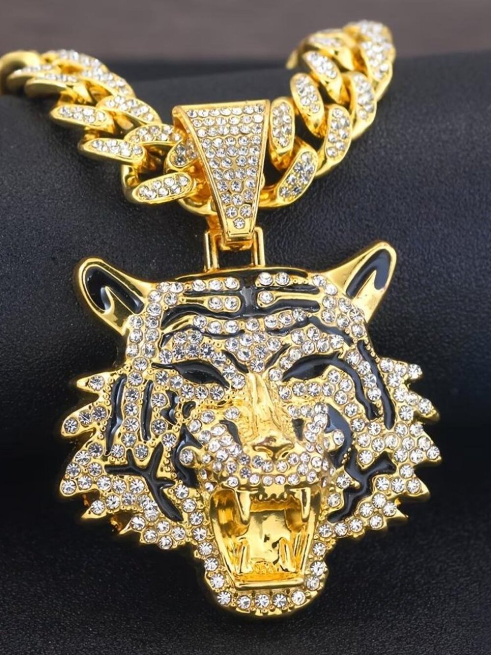 Rhinestone Tiger Pendent with Iced out Rhinestone Cuban Chain Hip-hop Necklace